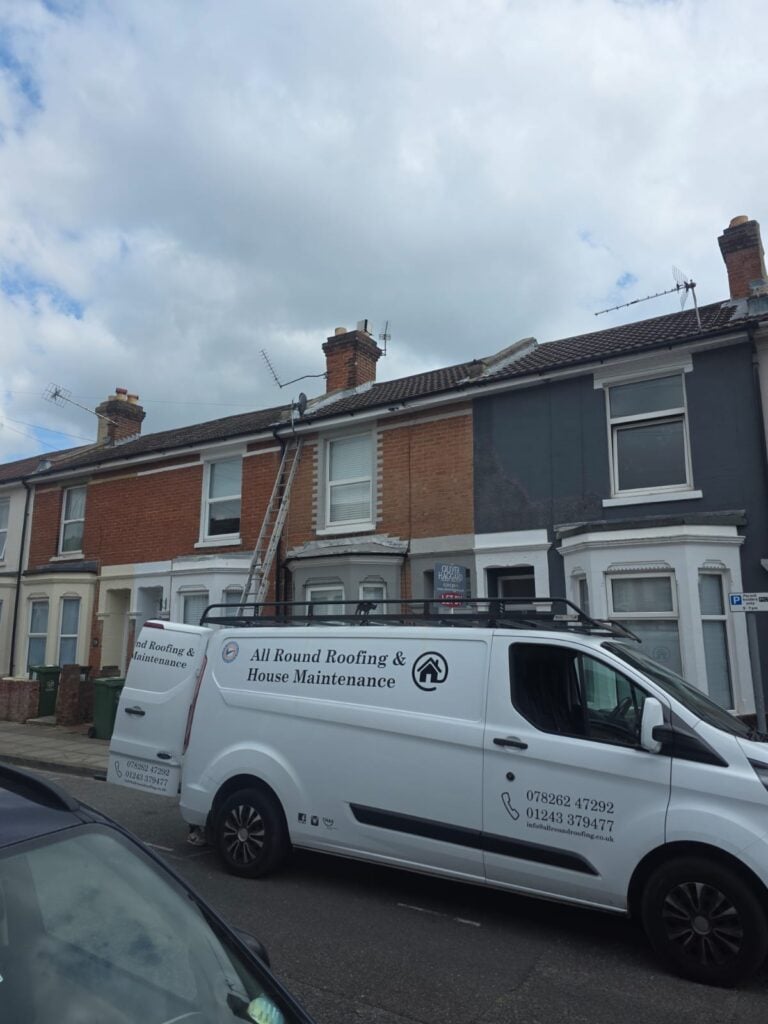 All Round Roofing van parked on a terraced street in Portsmouth during a fascia and soffit replacement